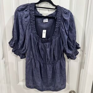 Old Navy Smocked Square Neck Blouse Blue Puff Sleeve XL NWT